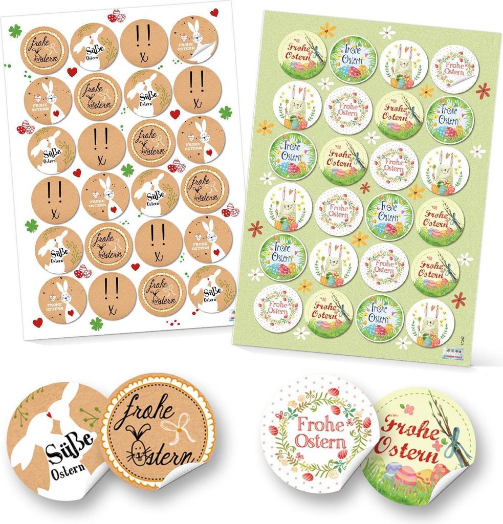 Set 48 Frohe Ostern Aufkleber Osterhase Osterdeko bunt Osteraufkleber rund Verpackung Kindergeschenke Geschenke Give-Away grün gelb pink beige rot