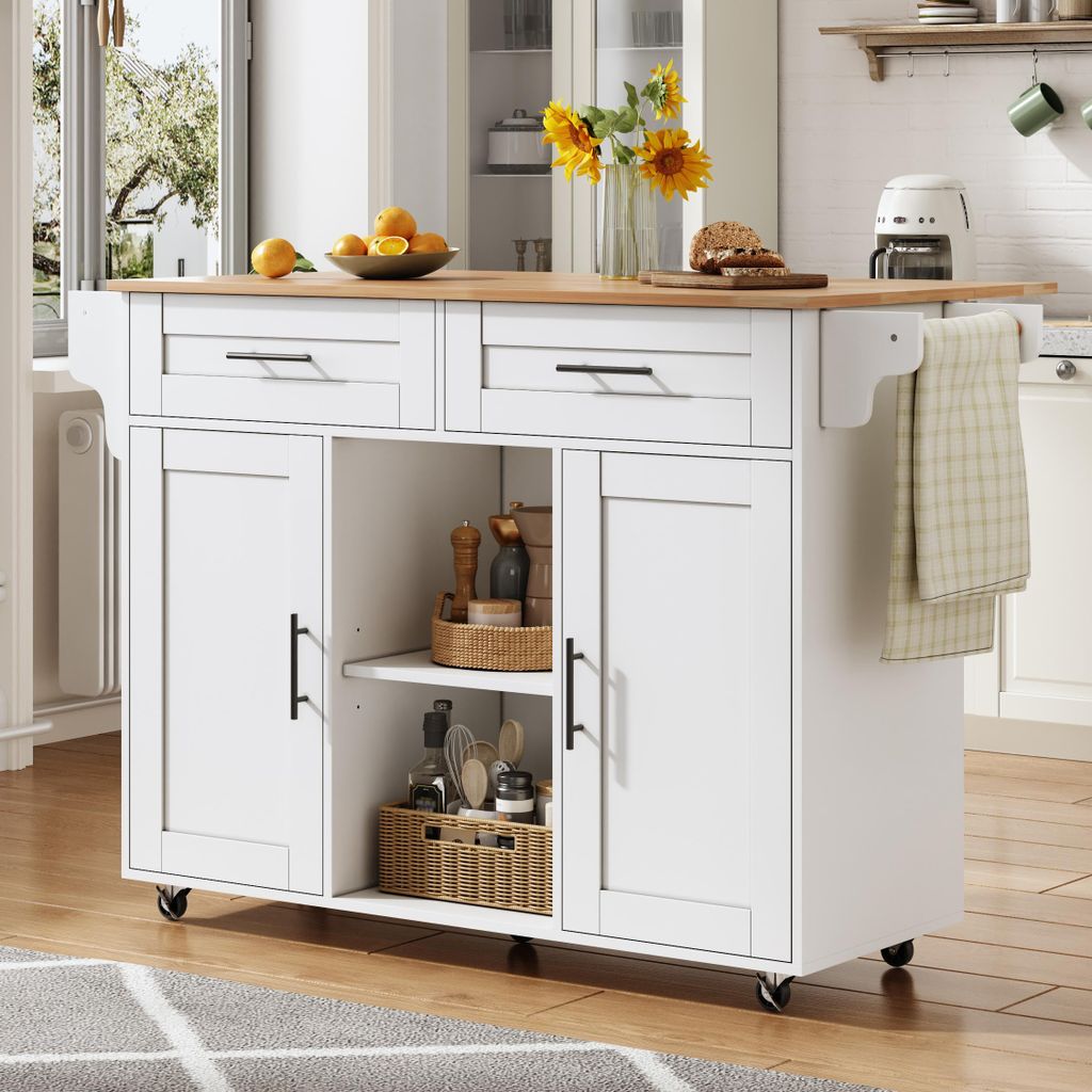 Merax mobile Kücheninsel mit klappbarer Arbeitsplatte und verstellbaren Regalen, Sideboard mit Rollen und Besteckschublade, für Küche/Esszimmer,...