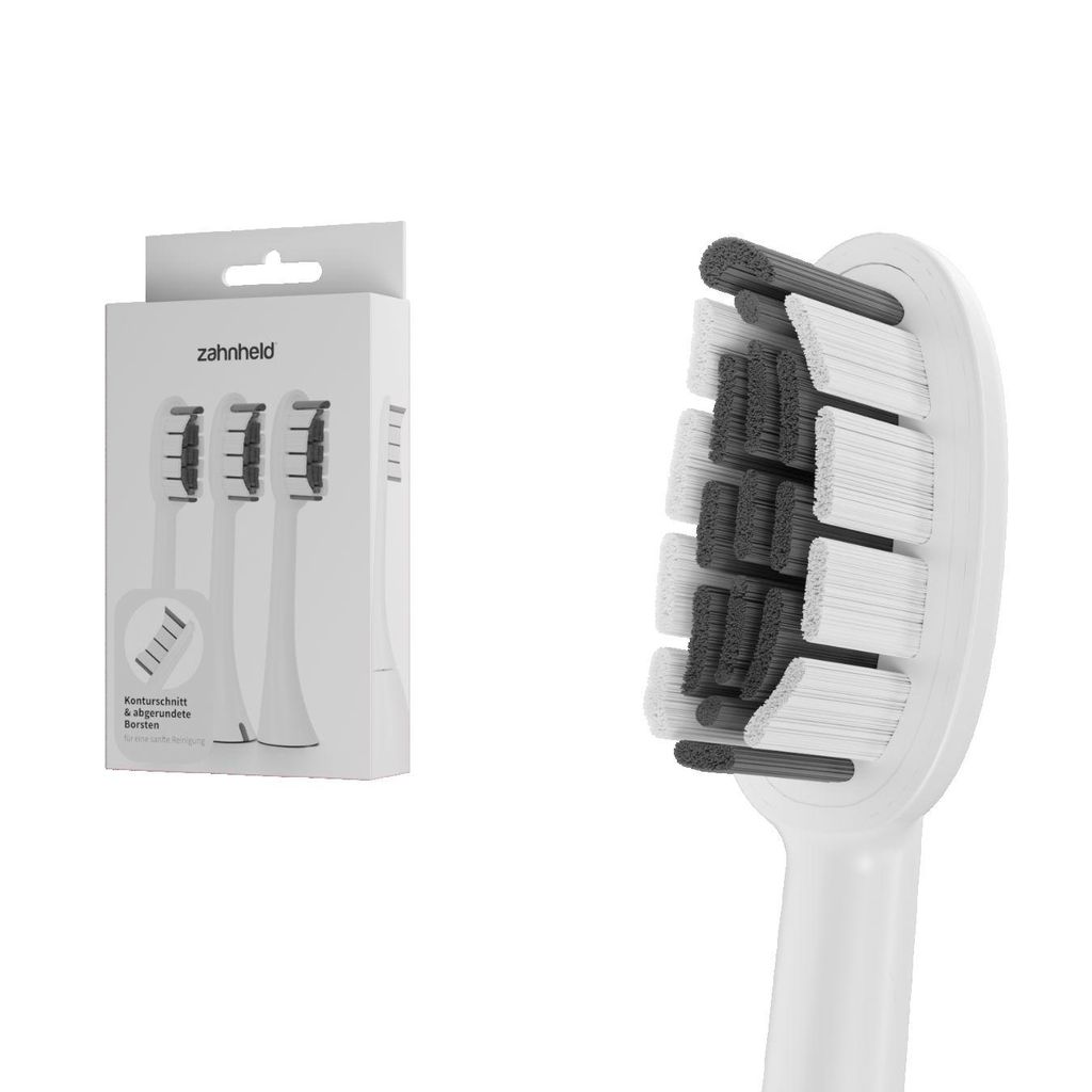 A product shot of toothbrush heads in packaging and a close-up of a toothbrush head.