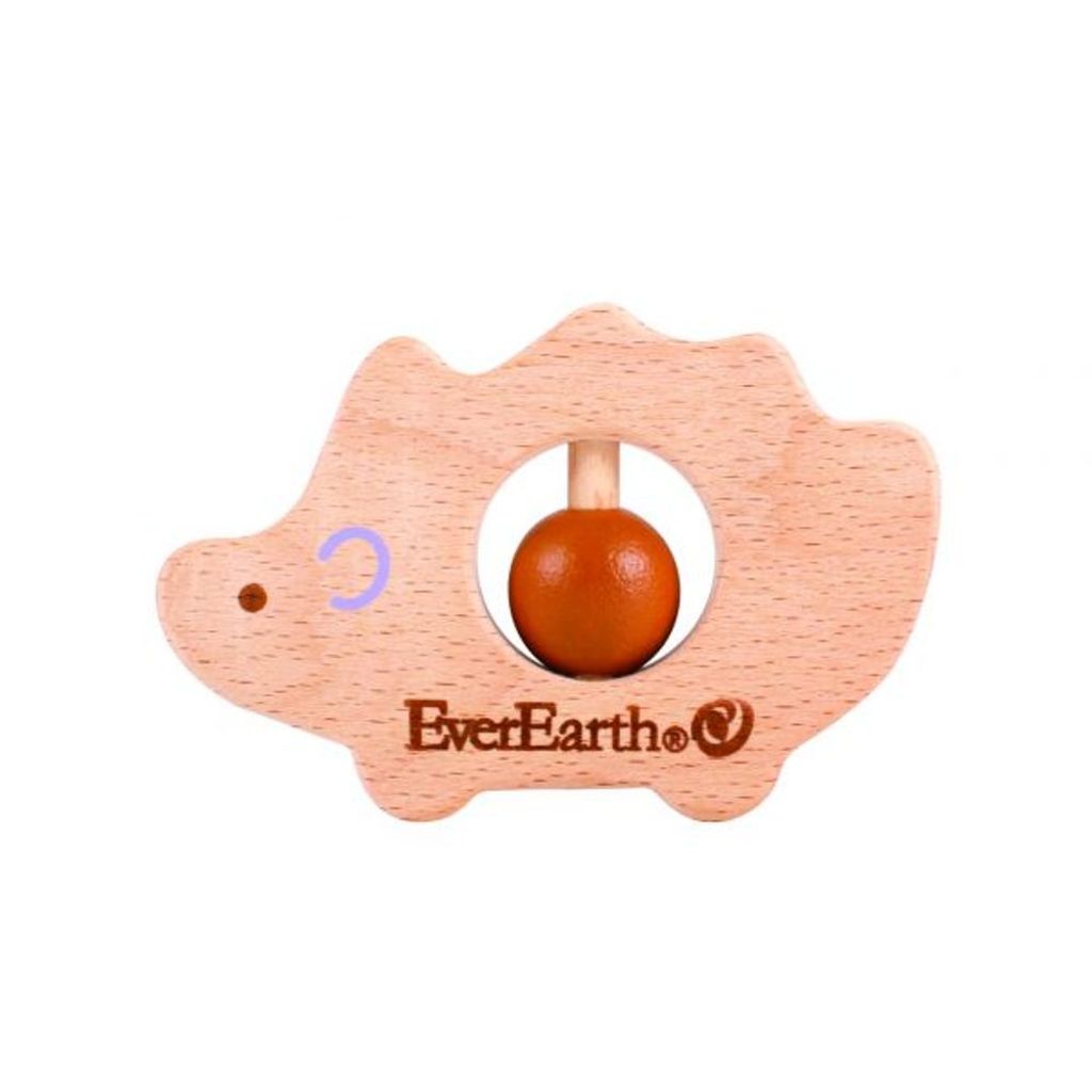 EverEarth Greifring Igel Grau Massivholz 9 cm mit 2 beweglichen Holzringen ab 0 Monate