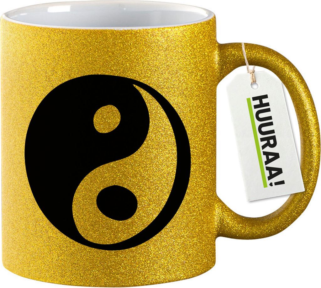 Huuraa Glitzertasse Yin und Yang Taoismus 330ml Gold Keramik Kaffeebecher Geschenkidee