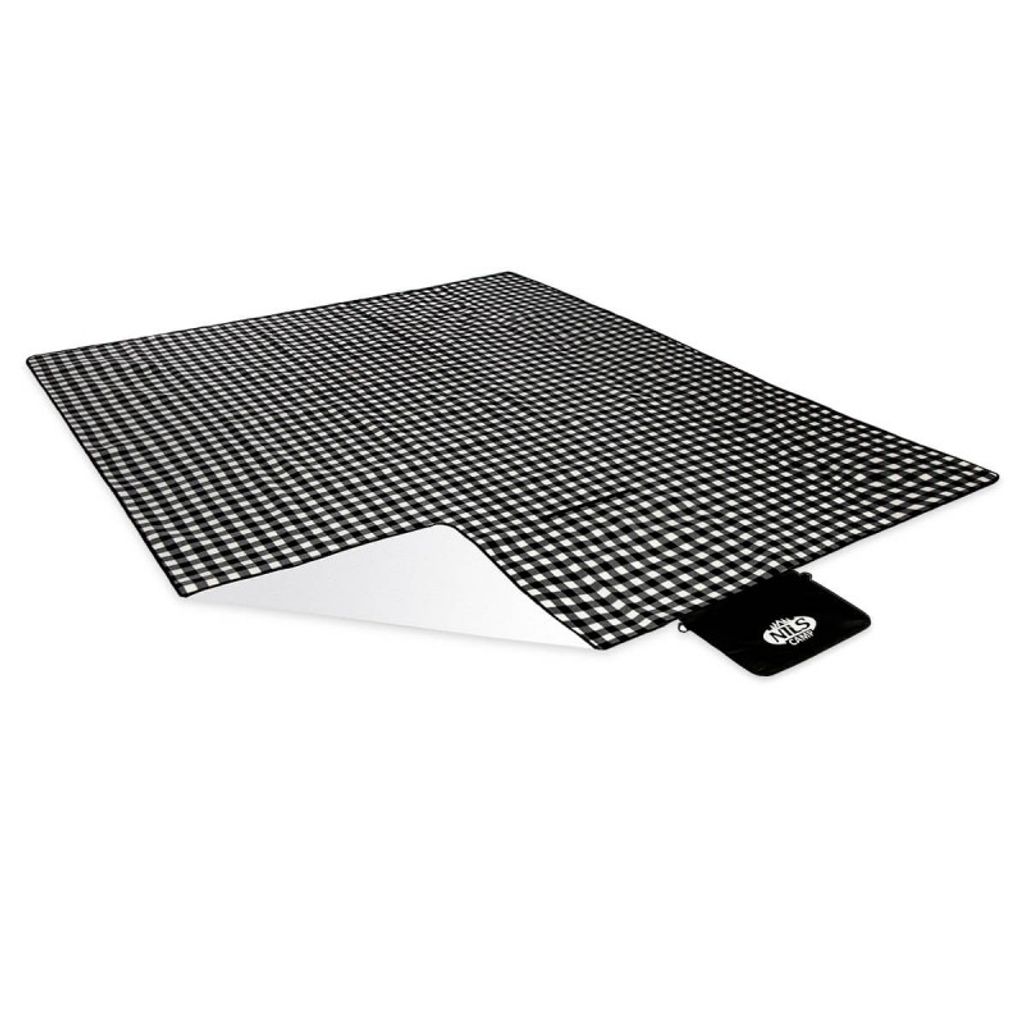 A picnic blanket with a black and white gingham pattern is shown laid out on a white background. A small black pouch with a logo is attached to the corner of the blanket.