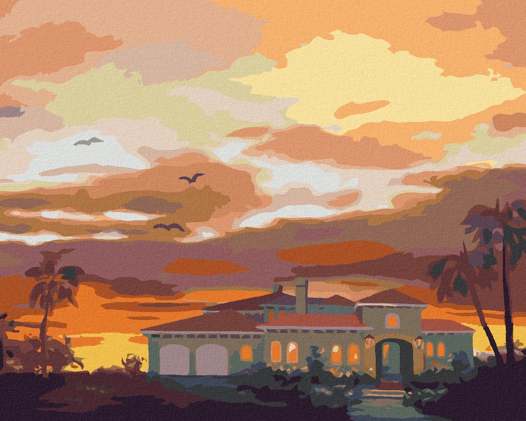 Zuty - Malen nach Zahlen - HAUS, PALMEN UND SONNENUNTERGANG (D. RUSTY RUST), 40x50 cm, mit Keilrahmen (bereits gespannt)