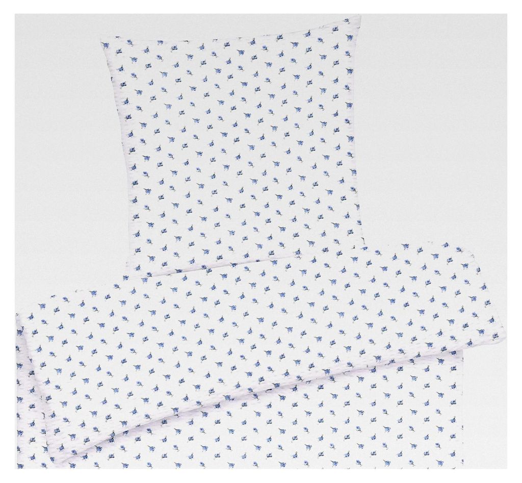 Seersucker Bettwäsche 135x200 aus Baumwolle | Sommer Bettwäsche mit Blumenmuster | Kühlende, bügelfreie Bettwäsche-Sets in Weiß und Blau