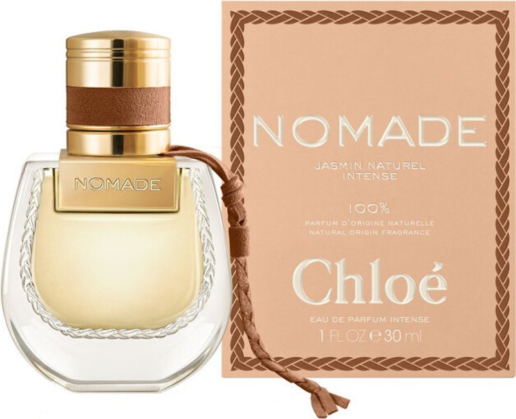 A bottle of Chloe Nomade Jasmin Naturel Intense Eau de Parfum and its packaging.