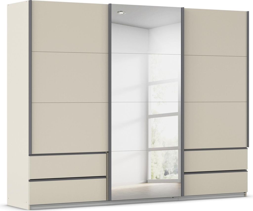 Schwebetürenschrank >Elara< in champagner / Spiegel - 271x210x62 (BxHxT)