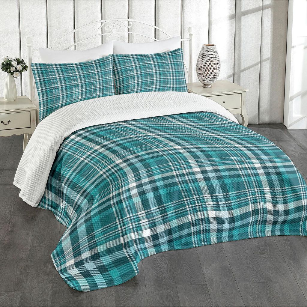 ABAKUHAUS Plaid Tagesdecke Set, Süße Einfarbige Klassische Crossing Linie Squares, 264 x 220 cm, Sea Blue Teal