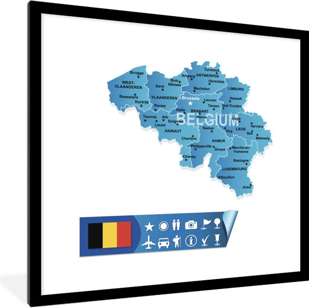 MuchoWow Gerahmtes Poster Eine Illustration einer Karte von Belgien und seinen wichtigsten Städten 40x40 cm - Poster mit Schwarzem Bilderrahmen ...