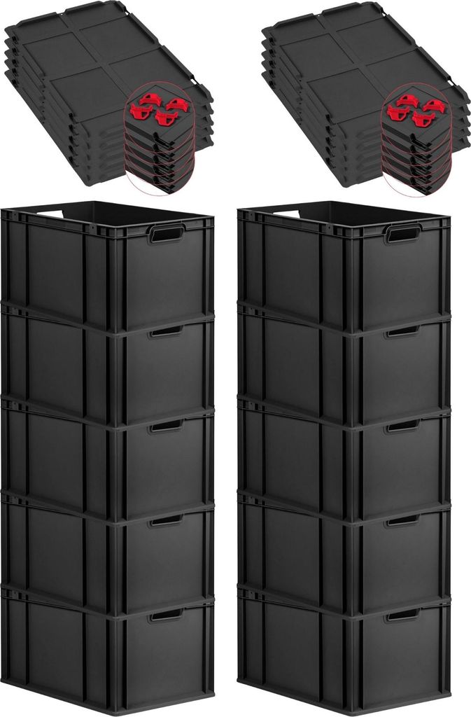 SparSet 10x Eurobox NextGen Grip mit Auflagedeckel inkl. 4 roten Schiebeschnappverschlüssen | HxBxT 32x40x60cm | 65 Liter | Schwarz | Griffe offen...