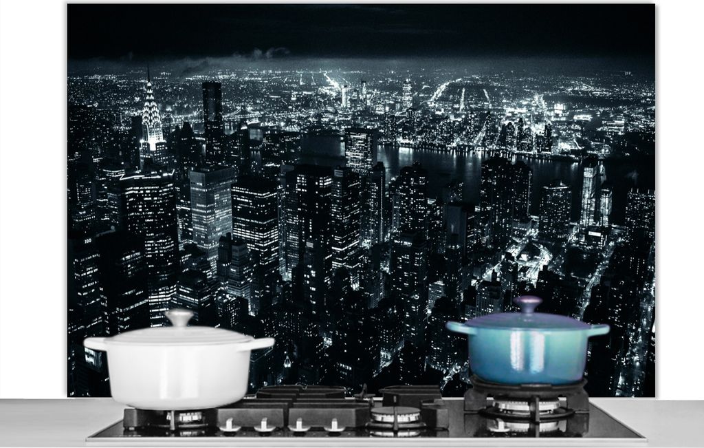 KitchenYeah Spritzschutz Küche - Küchenrückwand - Wandschutz für Herd und Spüle - Skyline - New York - Nacht 120x80 - Alu-Dibond (Alternati...