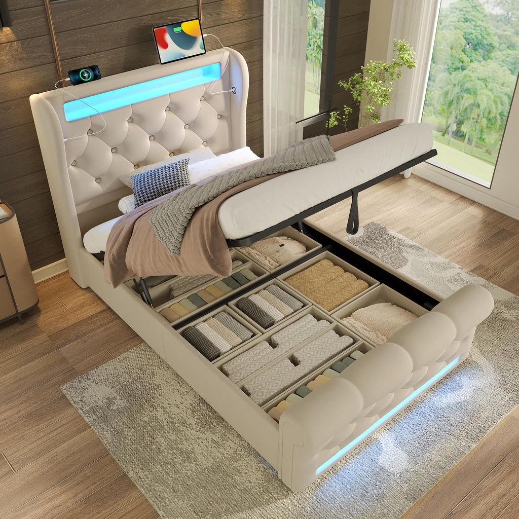 MODFU Polsterbett 90x200 mit Bettkasten und Stauraum-Kopfteil,Einzelbett mit LED&USB- und Typ-C-Anschlüssen,Jugendbett-Ohne Matratze,Beige