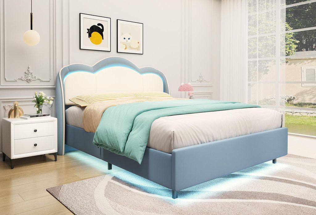 HOMAVO Kinderbett 140×200 cm, Schwebebett, Prinz/Prinzessin Traumbett, Wolkenförmiges Bett, LED-Musiklicht, Stabiles Gestell, Blaues Kinderbett