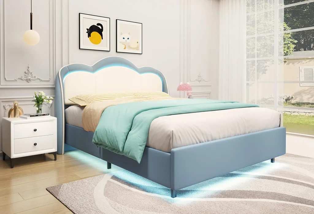 Lit enfant bleu 140x200 cm avec châssis stable et fonctions multimédias