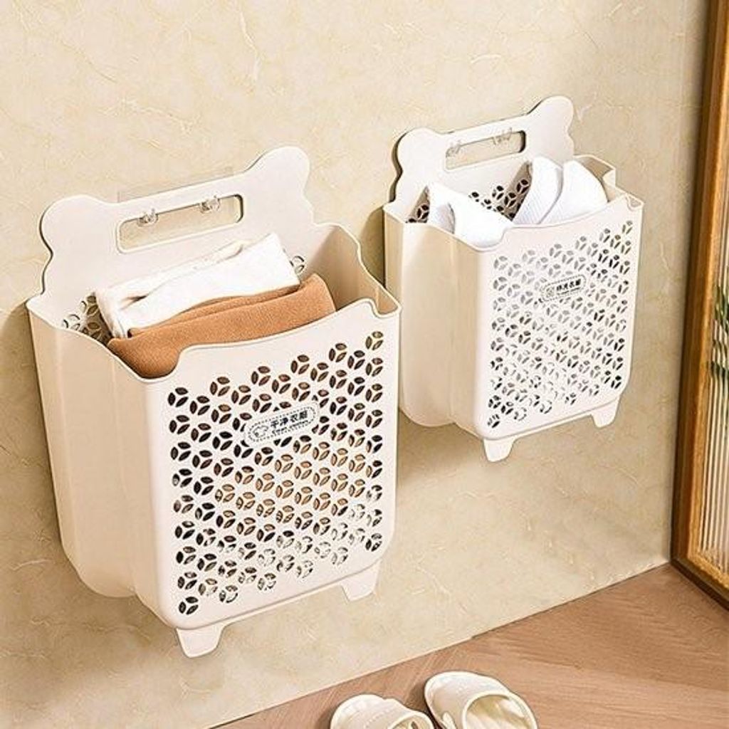 Faltbarer Wäschekorb mit Klebehaken – zur Aufbewahrung schmutziger Wäsche an der Wand – für Schlafzimmer, Wohnzimmer, Badezimmer, Küche
