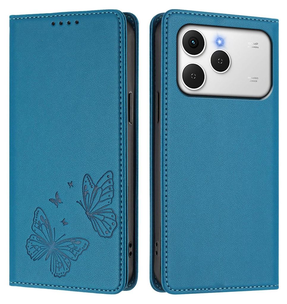 Lederhülle für Tecno Spark 40 4G, Schmetterling Prägung Leder Brieftasche Schutzhülle mit Ständer Blau
