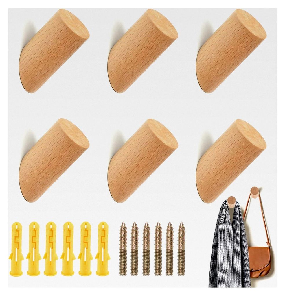 6 Stück Wandhaken aus Holz, Garderobenhaken einzeln mit Schrauben, 45° Kleiderhaken aus natürlicher Buche, runde Wandhaken für Kleidung, Rucksa...