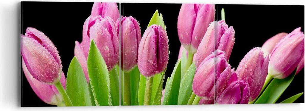 Bild auf Leinwand - Leinwandbild - Tulpen Blumenstrauß Tau Tropfen - 90x30cm - Wand Bild - Wanddeko - Leinwanddruck - Bilder - Kunstdruck - Wandde...