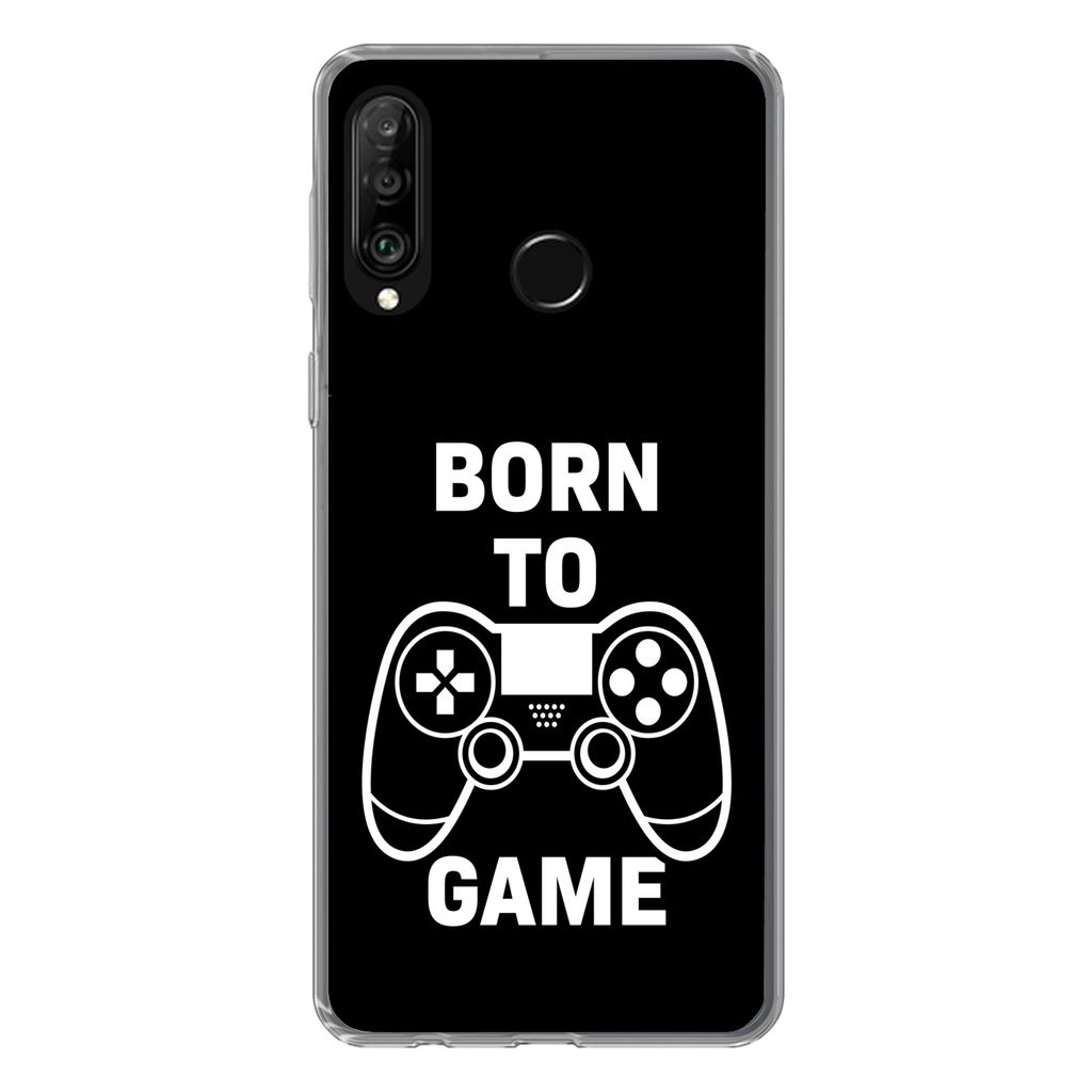 MuchoWow Handyhülle Schutzhülle Hülle für Huawei P30 Lite Gaming - Zitate - Controller - Zum Spielen geboren - Schwarz - Weiß Silikon Softca...
