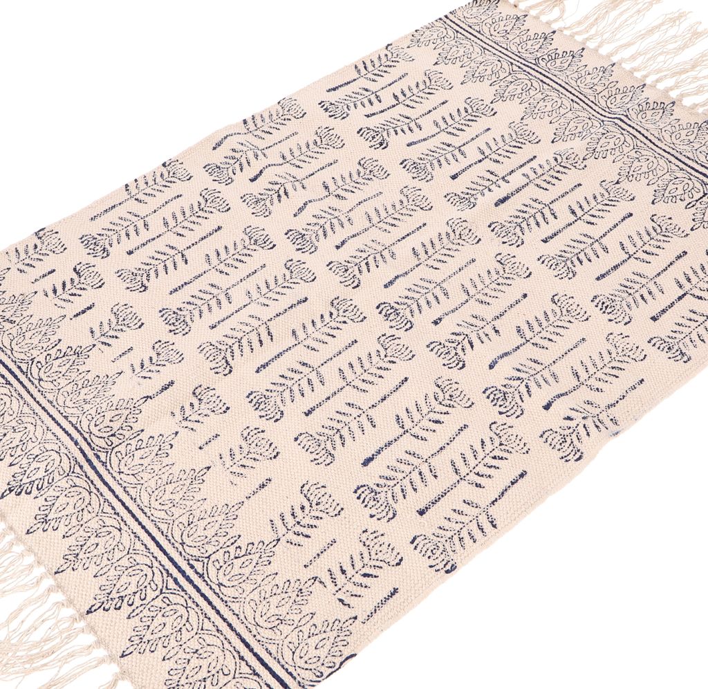 Handgewebter Blockdruck Teppich 95*65 cm, Traditionelles Design, Indischer Baumwollteppich, Bad Läufer - Weiß/blau, Baumwolle, Teppiche, Bodenmatten