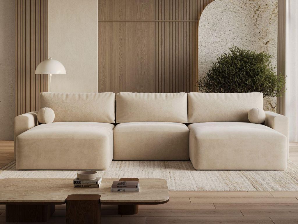 GrainGold Ecksofa U-Form Aurora - Ecksofa mit Schlaffunktion, Bettkasten - Moderne Ecksofa, Wohnzimmer Sofa - Eckcouch mit Velvet-Stoff - Beige (Ca...
