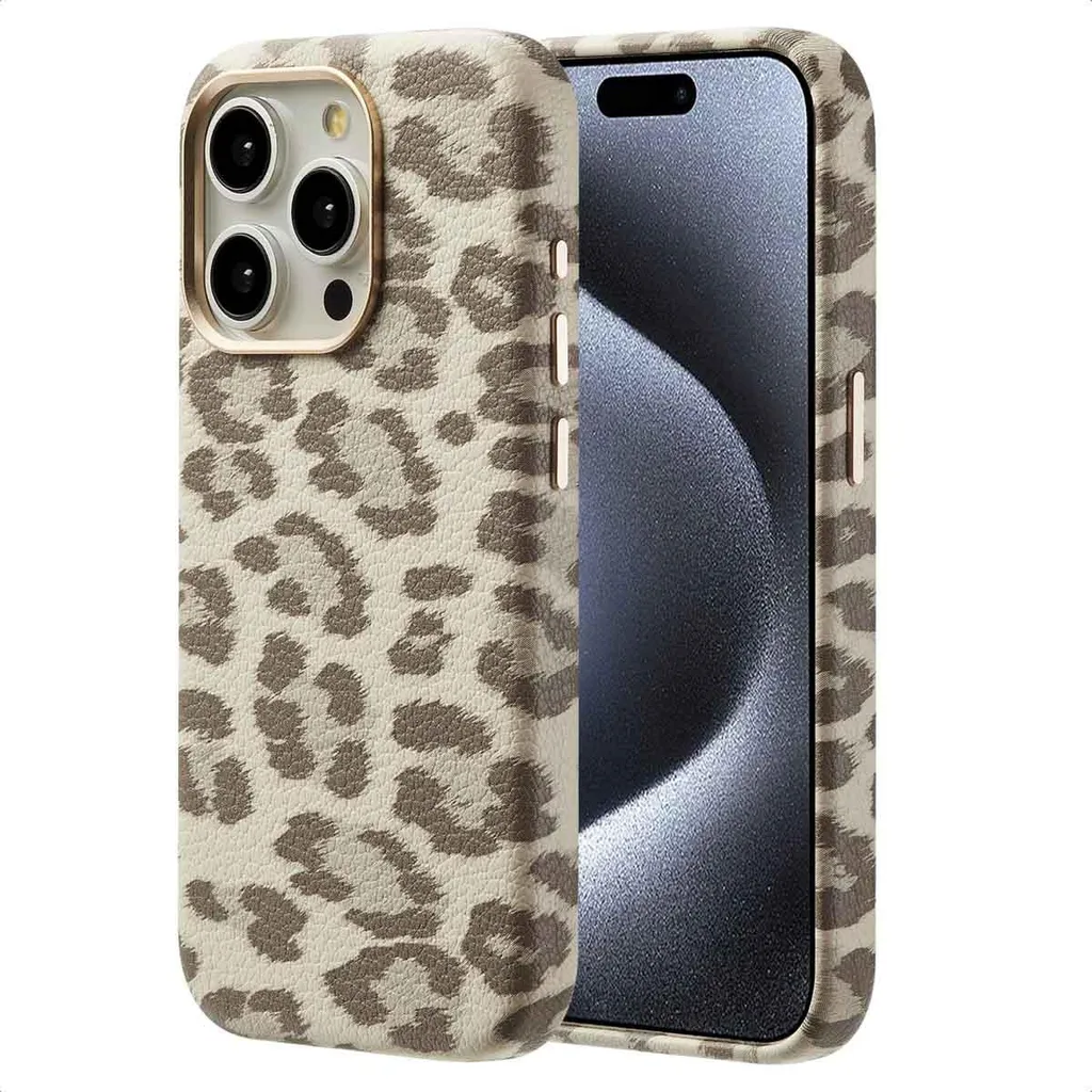 Selencia Sabi iPhone 15 Pro Case MagSafe Panther Print Ivory Gold