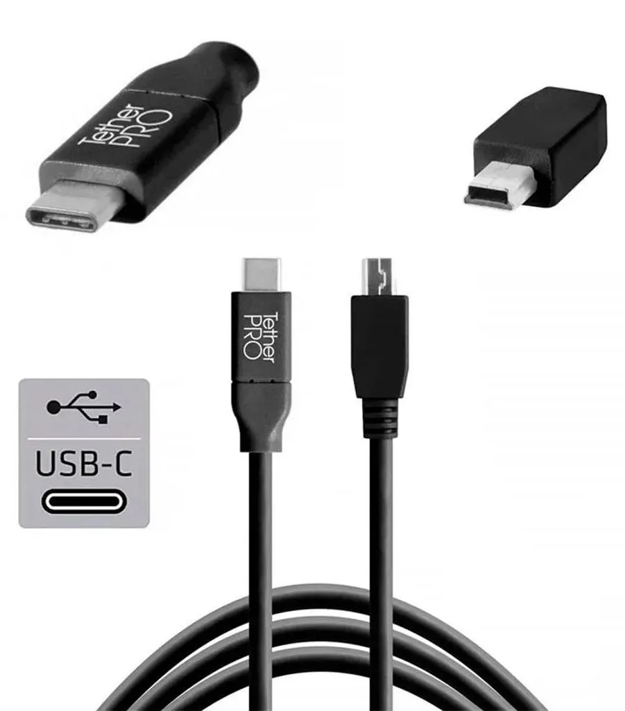 Câble TetherPro USB-C vers Mini-B 5 broches de 4,6m Noir Haute Qualité