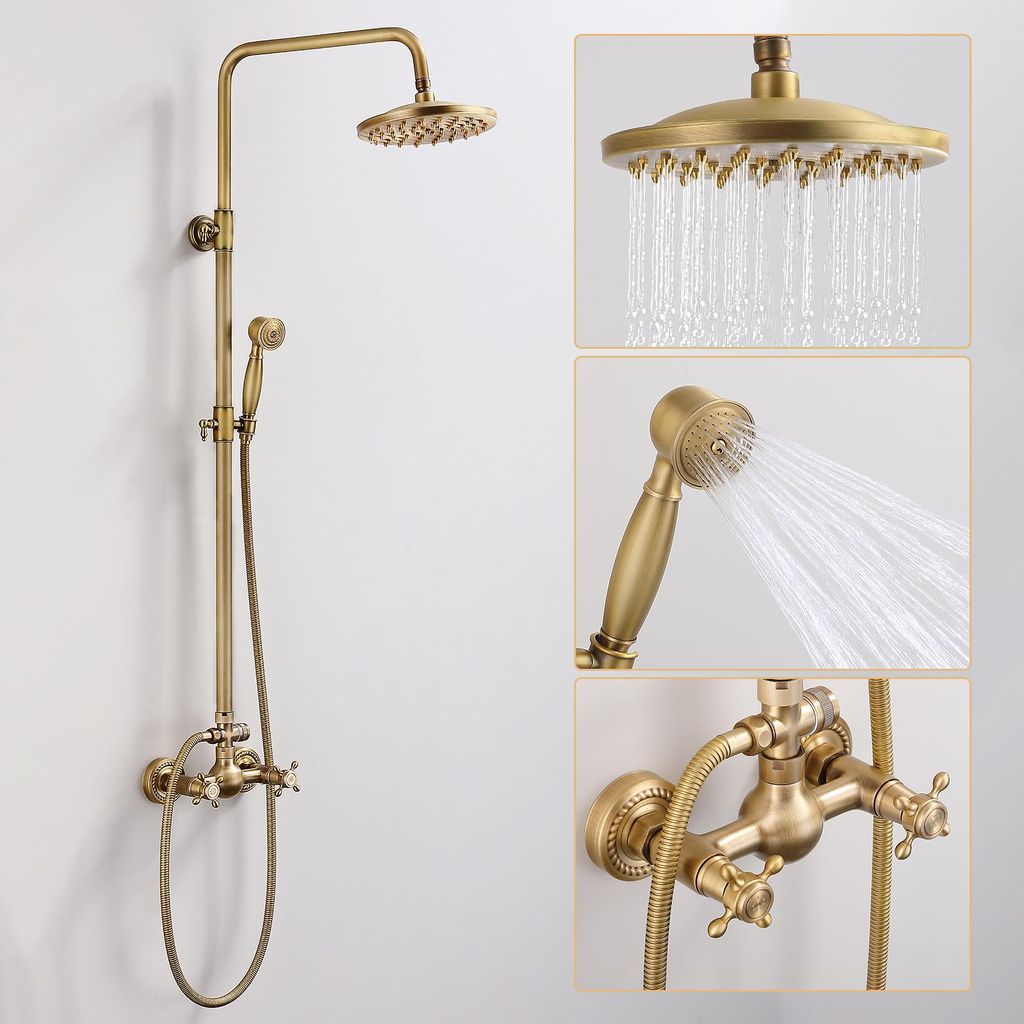 Duschsystem Retro Messing Duscharmatur Set Duschset Antik Gold Dusche mit Regendusche 8" Handbrause Höhenverstellbar 77-129cm