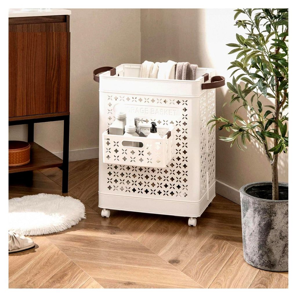 Klappbarer Wäschekorb mit 75 L Volumen und Rollen, Tragbarer Wäschesammler mit Griff, Wäschebox aus Kunststoff für Schlafzimmer, Bad, Schlafsaa...