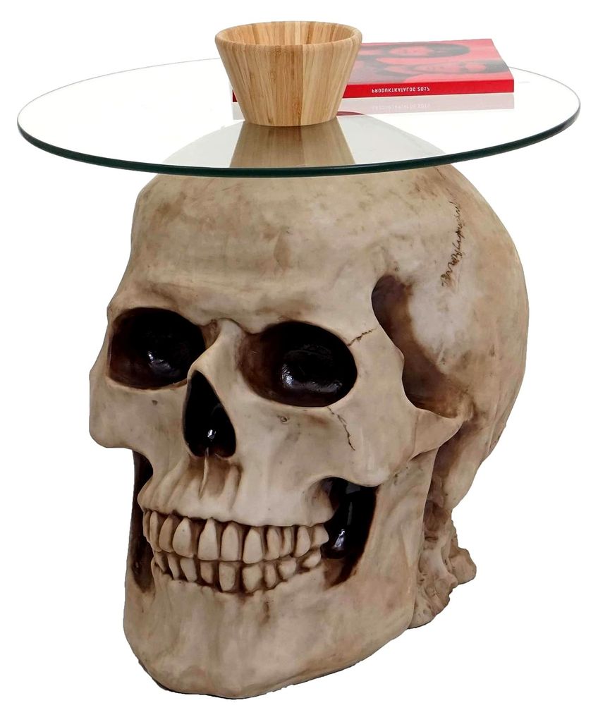Beistelltisch Totenkopf, Glastisch Wohnzimmertisch Couchtisch Totenschädel, Polyresin rund Ø55cm Natur