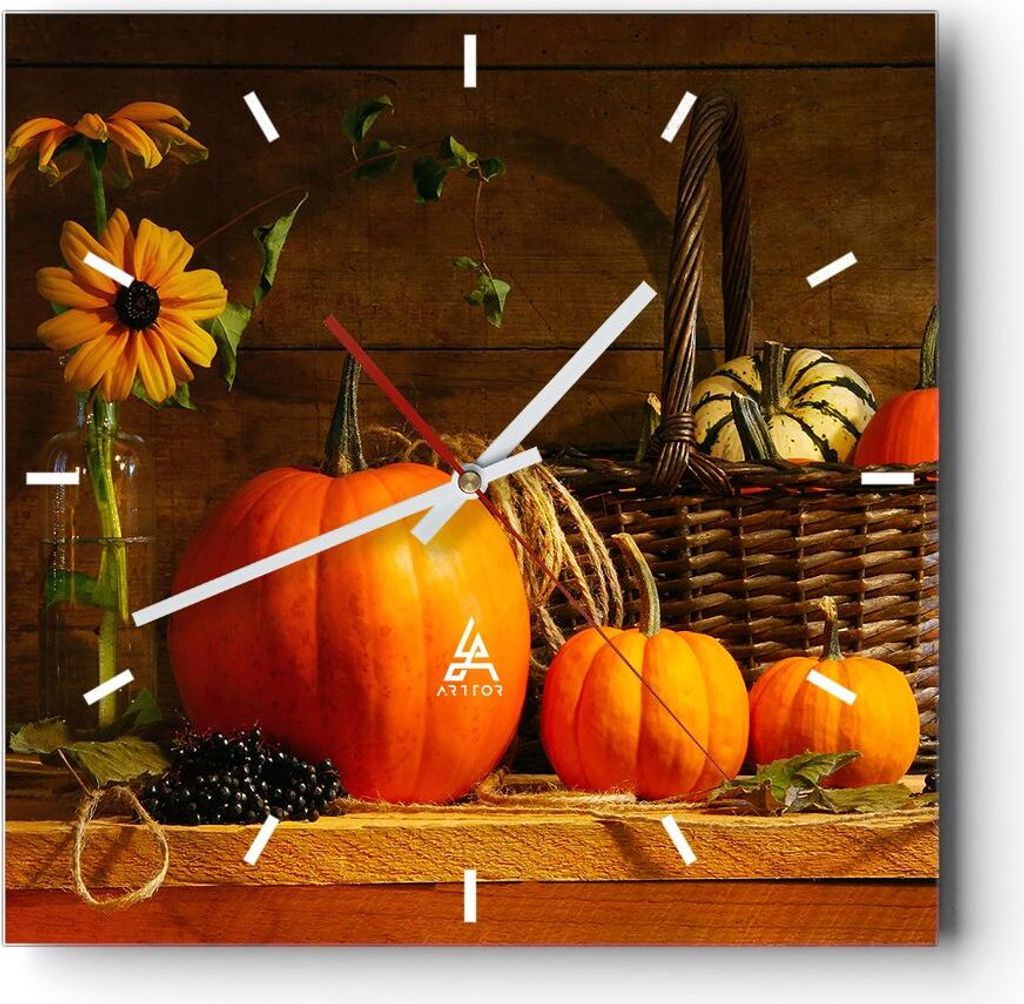 Wanduhr - Quadrat - Glasuhr - Herbst Folk Tradition Kürbisse - 40x40cm - Schleichendes Uhrwerk - Lautlos - zum Aufhängen bereit - Dekoration Mode...