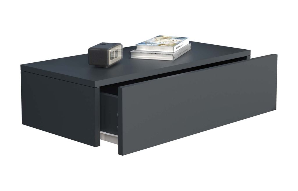 A dark gray wall-mounted nightstand with one drawer, shown with a small digital clock and a stack of books on top.
