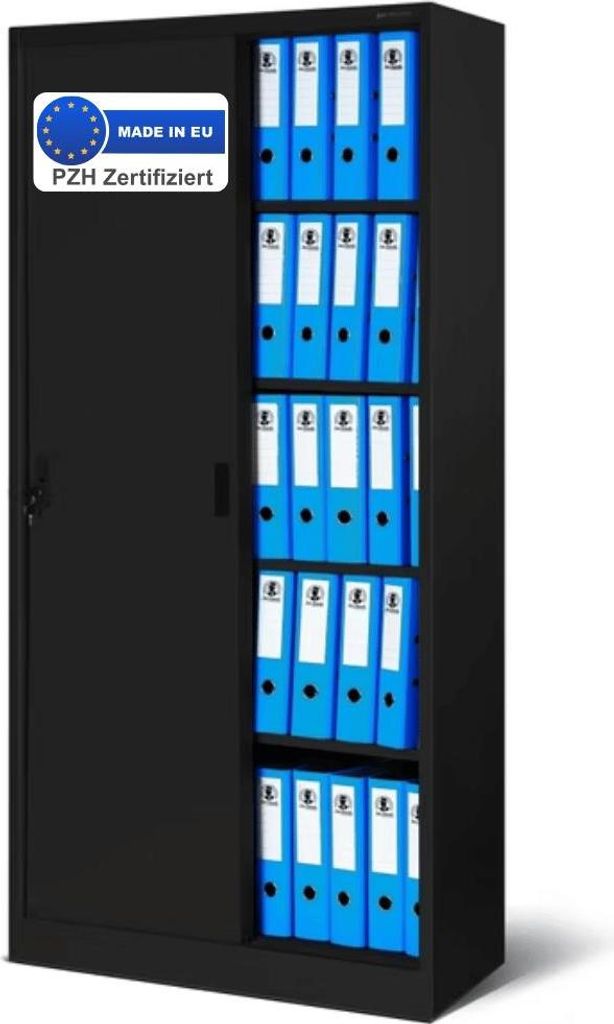 Aktenschrank abschließbar ROLF - Schiebetüren, 5 Ebenen | Büroschrank aus Stahl Metallschrank Werkstatt Mehrzweckschrank Werkzeugschrank, 185x90...