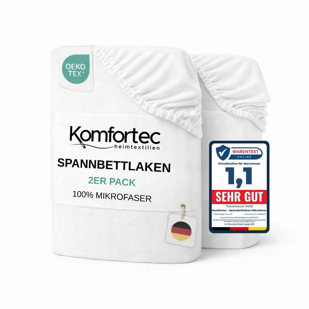 Two white fitted sheets are stacked and presented against a white background. A label with the OEKO-TEX logo is visible on the top left sheet. A "Warentest" award badge is on the right sheet. A small tag with the German flag is attached to the left sheet.