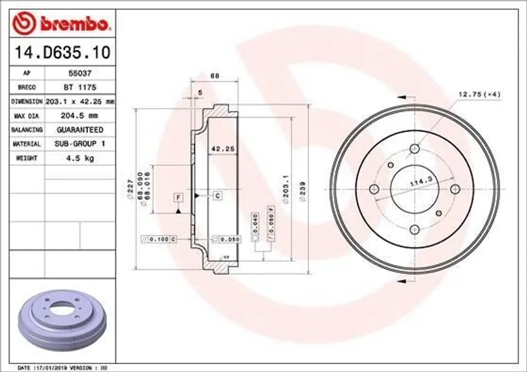Tambour de Frein BREMBO 14.D635.10 pour Nissan Tiida C11 - OE 43206EE51B