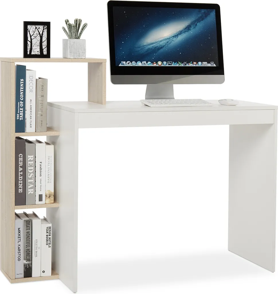 Table de Travail d'Angle avec Rangement Intégré 120x80cm Blanc et Bois