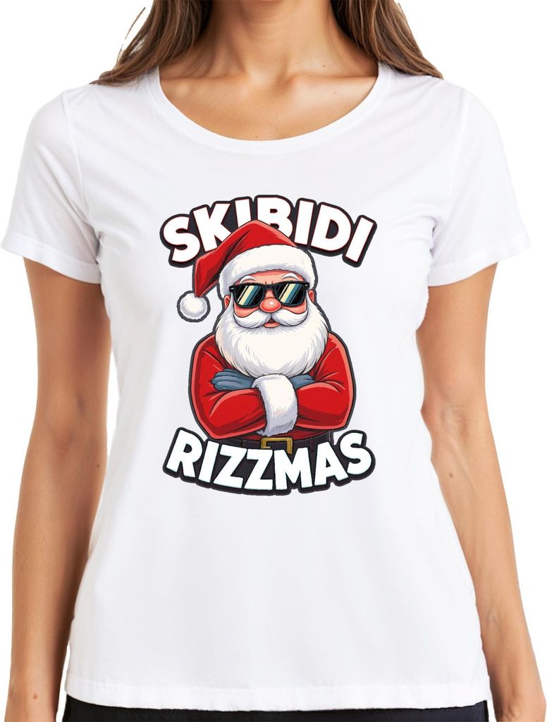 Skibidi Rizzmas Weihnachtsmann Sonnenbrille Lustig Meme Geschenk Damen T-Shirt, Weiß, 3XL