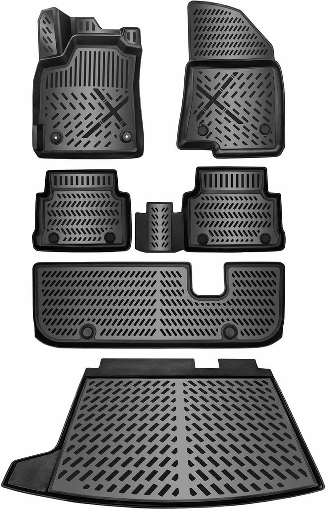 A set of black car floor mats and a trunk liner.