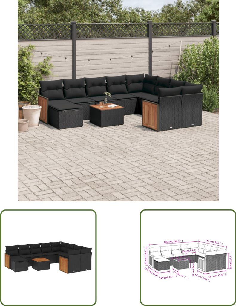 The Living Store 11-tlg. Garten-Sofagarnitur mit Kissen Schwarz Poly Rattan