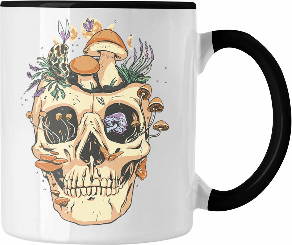 Trendation - Totenkopf Tasse Geschenk Pilzsammler Pilze Frauen Damen Tattoo Geschenkidee Grafik (Schwarz)