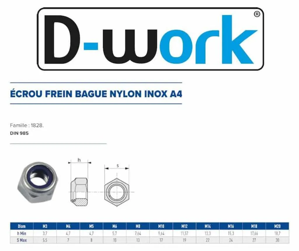 Écrou Autobloquant M16 DIN 985 Inox A4 Haute Performance D-Work