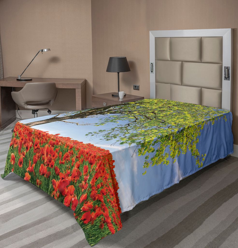 ABAKUHAUS Mohn Bettlaken, Landschaft Von Blühenden Mohnblumen Auf Feld Majestätischem Baum Ländlichem Terrain Habitat Photo, weiches bequemes ob...