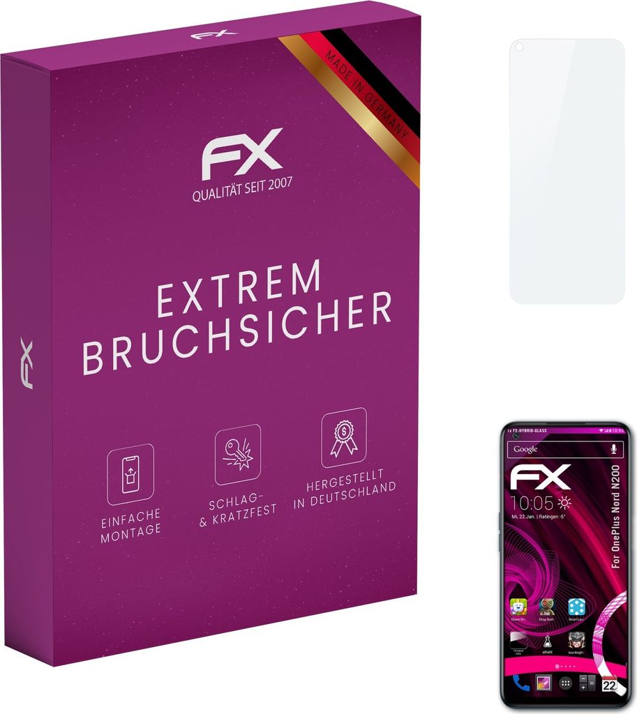 atFoliX FX-Hybrid-Glass Displayfolie kompatibel mit OnePlus Nord N200 Glasfolie