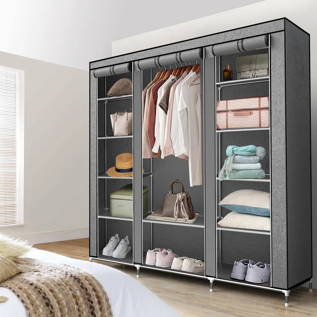 Armoire en tissu gris 150 cm avec tringle et poches de rangement lat
