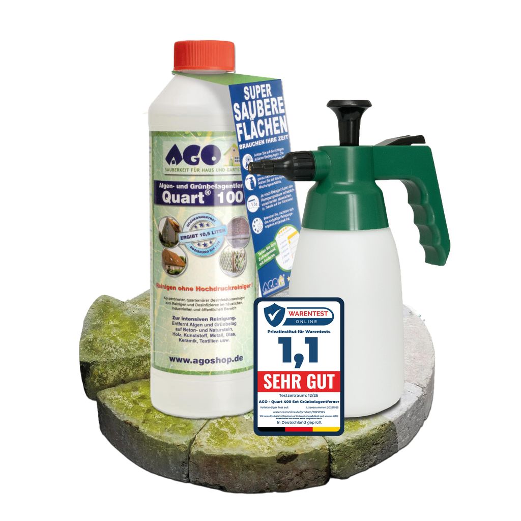 AGO Quart 100 Grünbelagentferner 500 ml, chlor- und Produktbild 