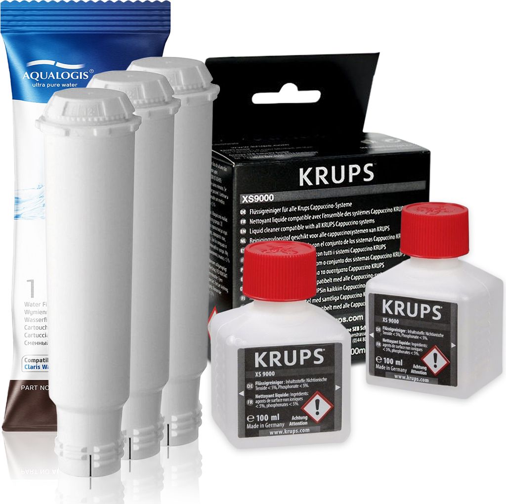 Krups Filtersatz AL-TEs46 3tlg., Reinigungsflüssigkeit XS9000 - Kompatibel mit KRUPS MELITTA BOSCH SIEMENS NIVONA - Reiniger für Cappuccino-Düsen