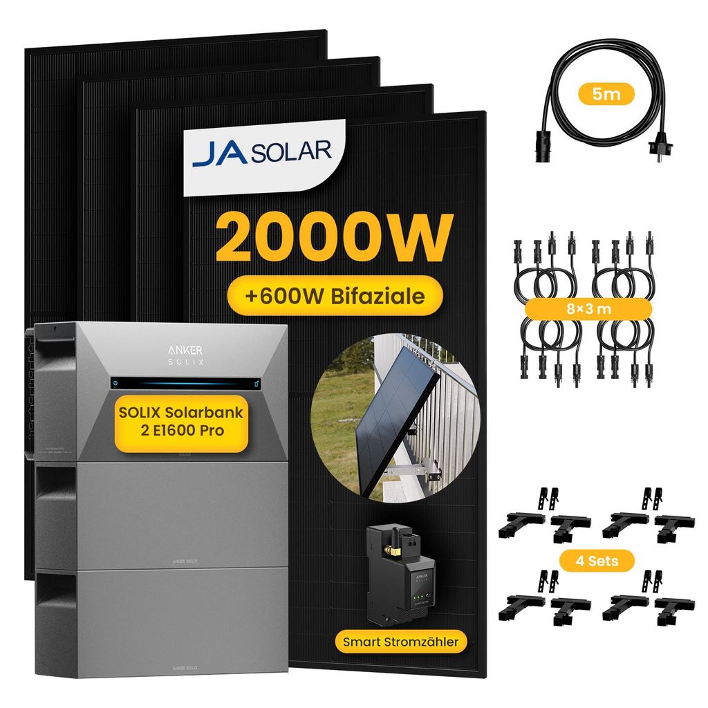 Powerness Balkonkraftwerk mit Speicher,Anker Solarbank 2 E1600 Pro mit 2x BP1600 Erweiterungsakku und 4x 500W JASolar Module,4x Balkon-Haken Halte...