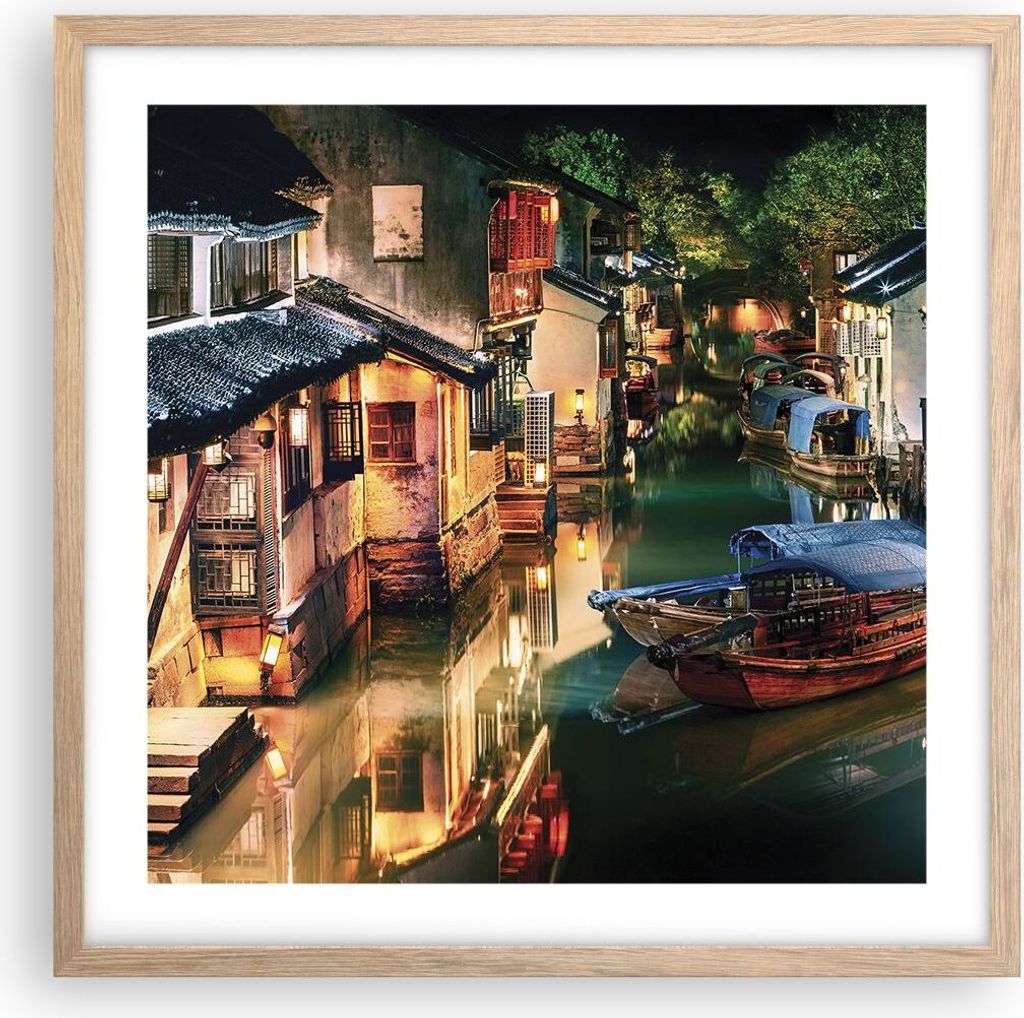Gerahmtes Poster - Rahmen in heller Eiche - Chinesisch Stadt Nacht - 50x50 cm - Wand Bild - Wanddeko - Wandbilder - Kunstposter - Wandposter - Bild...
