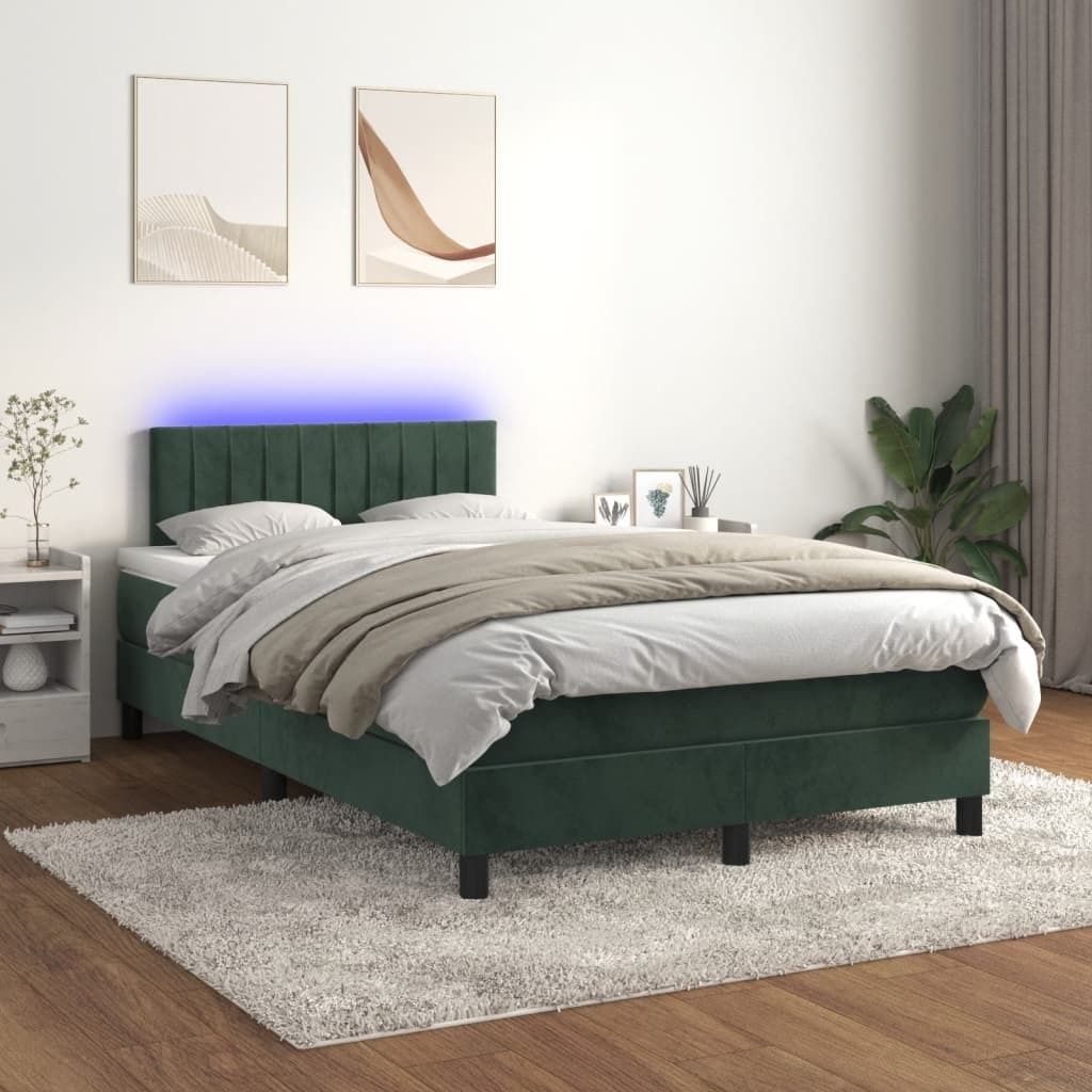 The Living Store Boxspringbett mit Matratze & LED Dunkelgrün 120x200 cm Samt