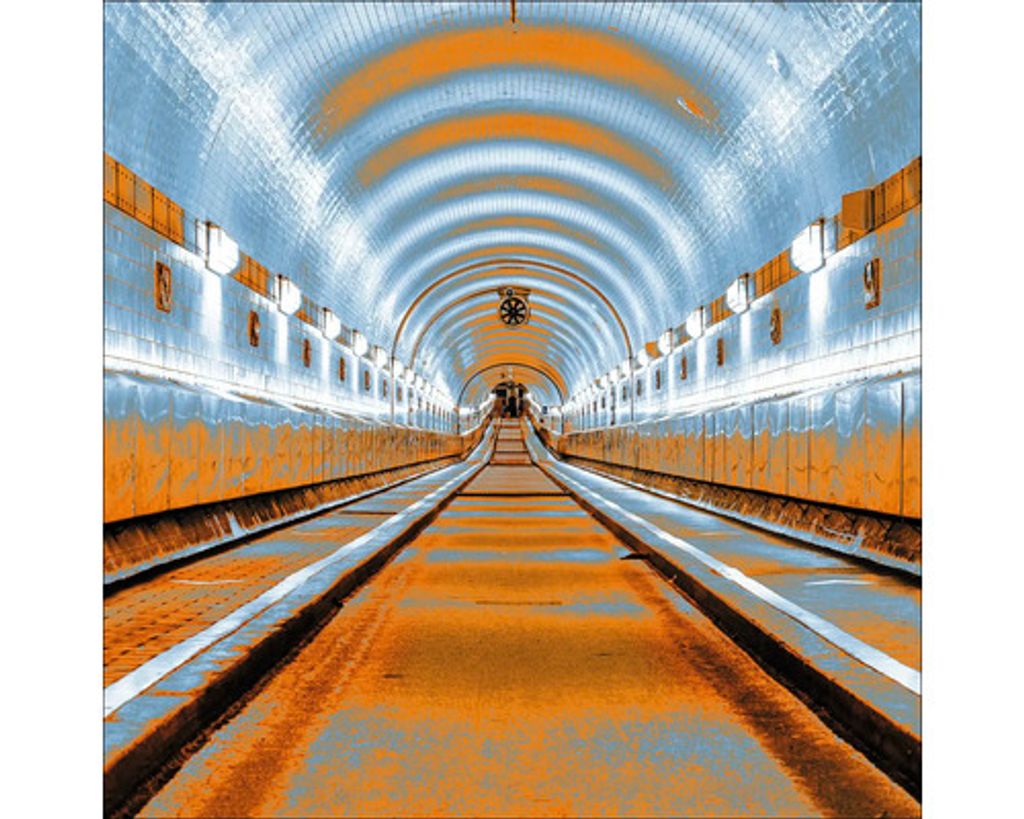 Glasbild Hamburg Alter Elbtunnel orange blau 20x20 cm