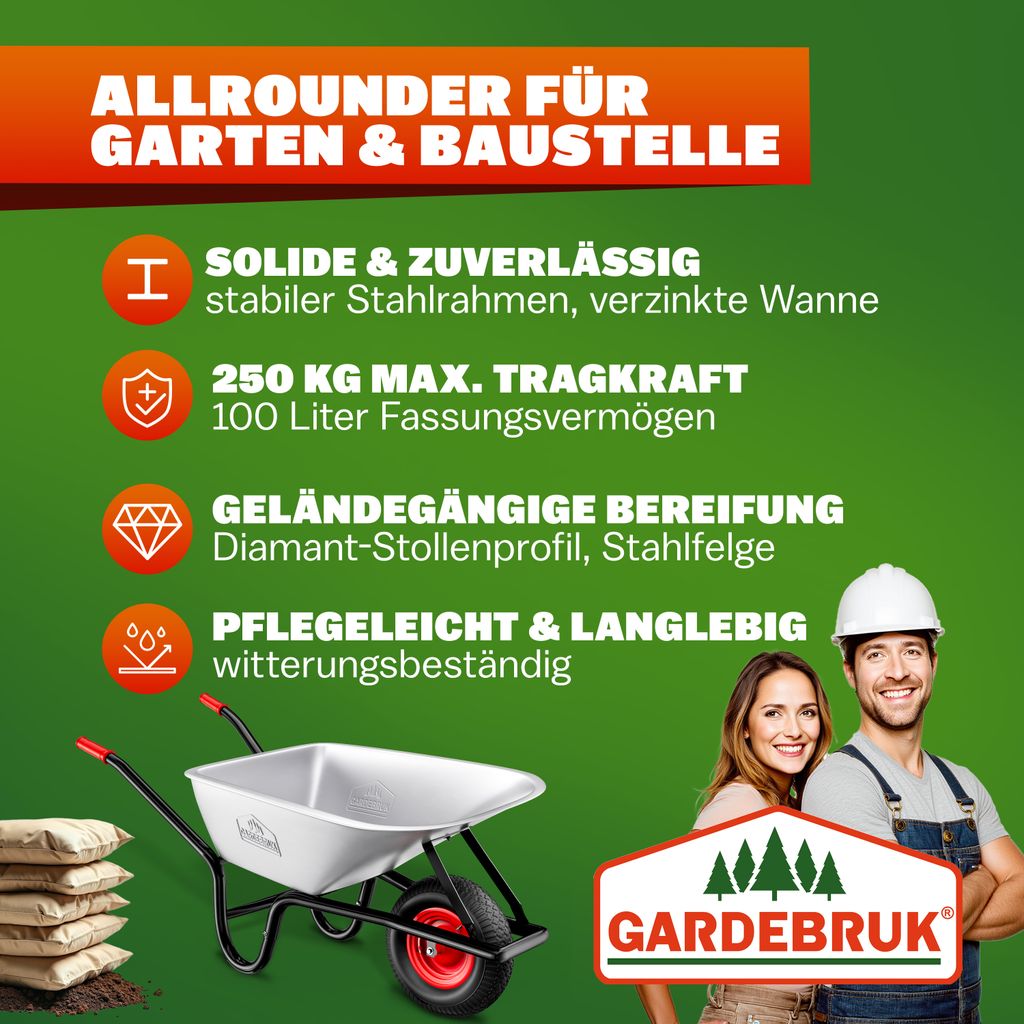GARDEBRUK® Schubkarre 100 Liter bis 250kg Luftreifen mit Produktbild 9